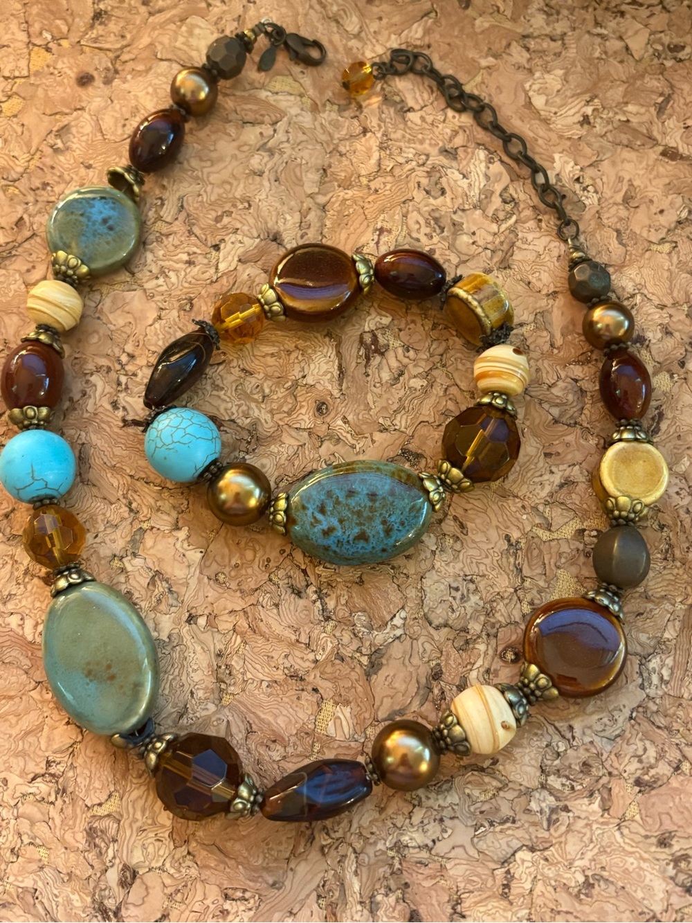 Premier Designs Mixed Faux Stone Necklace and Bracelet Set in Turquoise & Brown